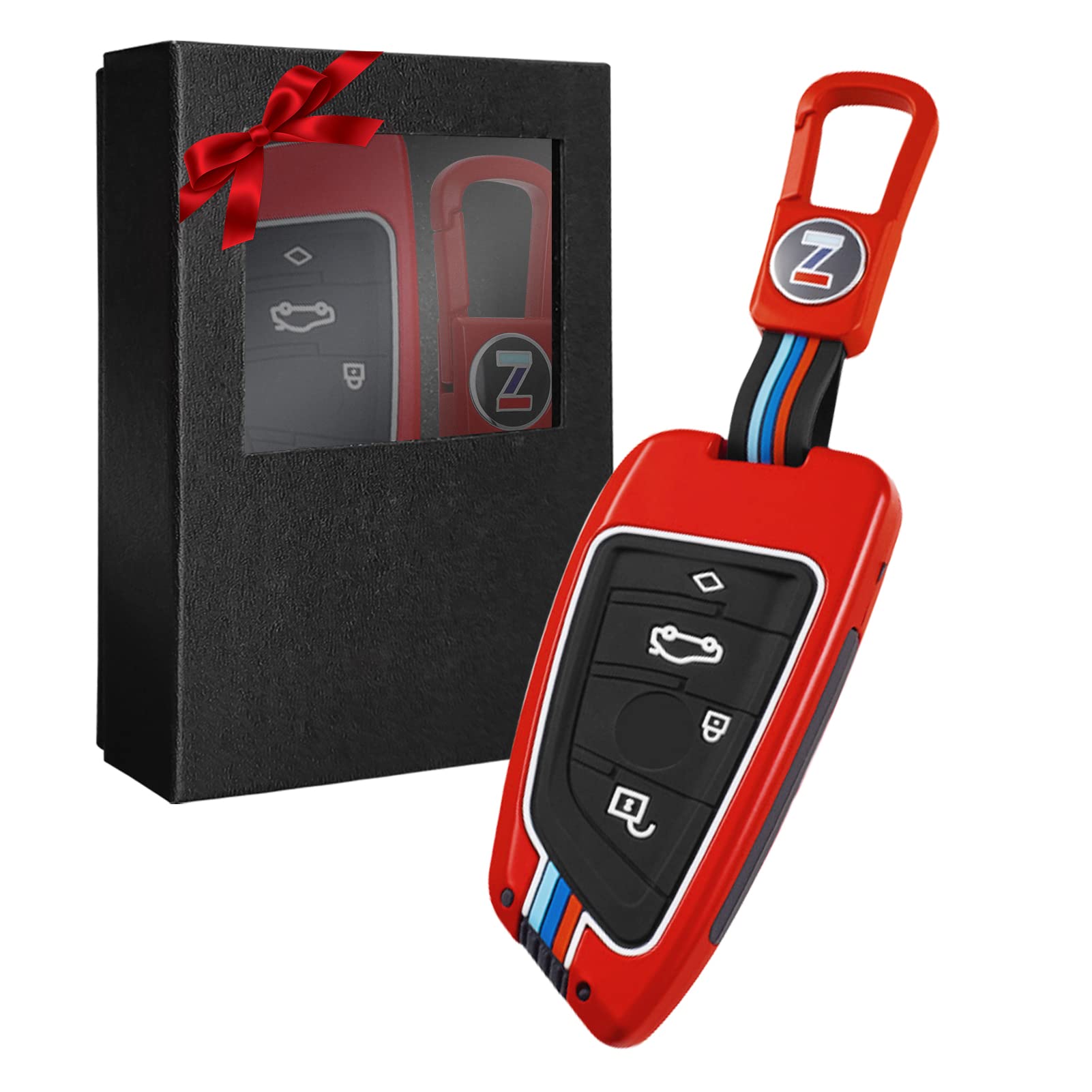Yumzeco Zinklegierung Autoschlüssel Hülle Keyless Kompatibel mit BMW 2 3 5 7 Serie X1 X2 X3 X5 X6 Schlüsselhülle mit Silicone TPU Schlüssel Cover Schutzhülle mit Schlüsselanhänger Rot