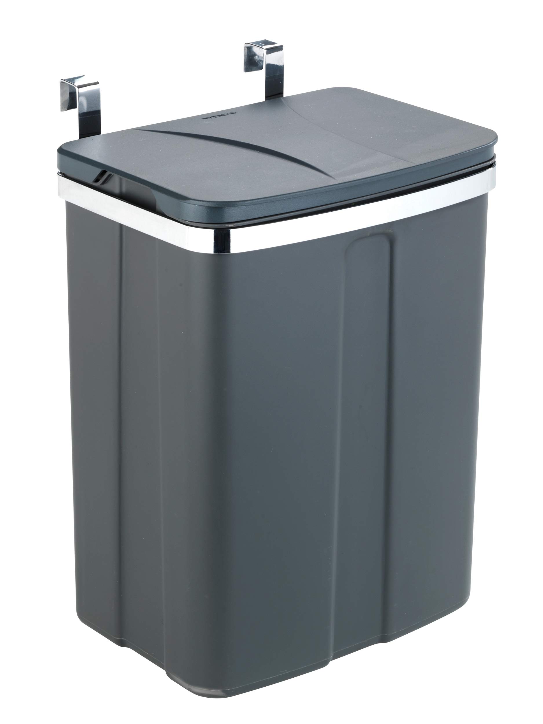 WENKO Tür-Abfalleimer, Mülleimer zum Einhängen an Schubladen- und Schranktüren, geeignet für Badezimmer und Küche, ohne Bohren, aus Kunststoff und Stahl, Füllmenge 12 l, 26 x 21,5 x 37 cm, Grau