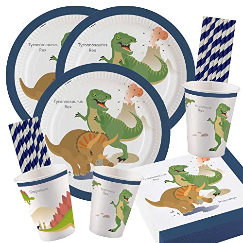 spielum 68-teiliges Party-Set Dinosaurier - Happy Dinosaur - Teller Becher Servietten Trinkhalme für 16 Kinder