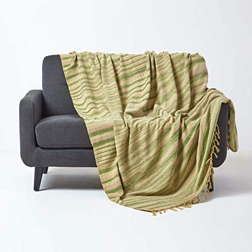 Homescapes Tagesdecke / Sofaüberwurf / Plaid Chenille in Grün/Olivgrün gestreift mit Fransen - 220 x 240 cm - handgewebt aus 100% reiner Baumwolle