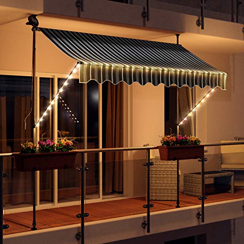 Swing & Harmonie Markise mit LED Beleuchtung - Gelenkarmmarkise - Sonnenschutz - Markisenabdeckung - Klemmmarkise für Balkon und Garten (300x150, grau/Weiss)