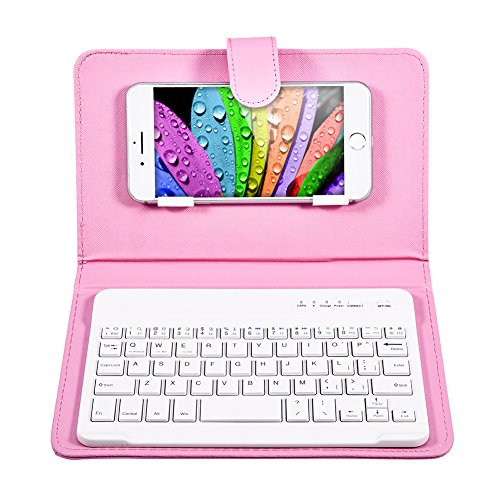 Eboxer Universal Wireless Bluetooth Tastatur Flip Case mit Standfuß Hülle für Telefon, für iOS/Android-Handys(rosa)