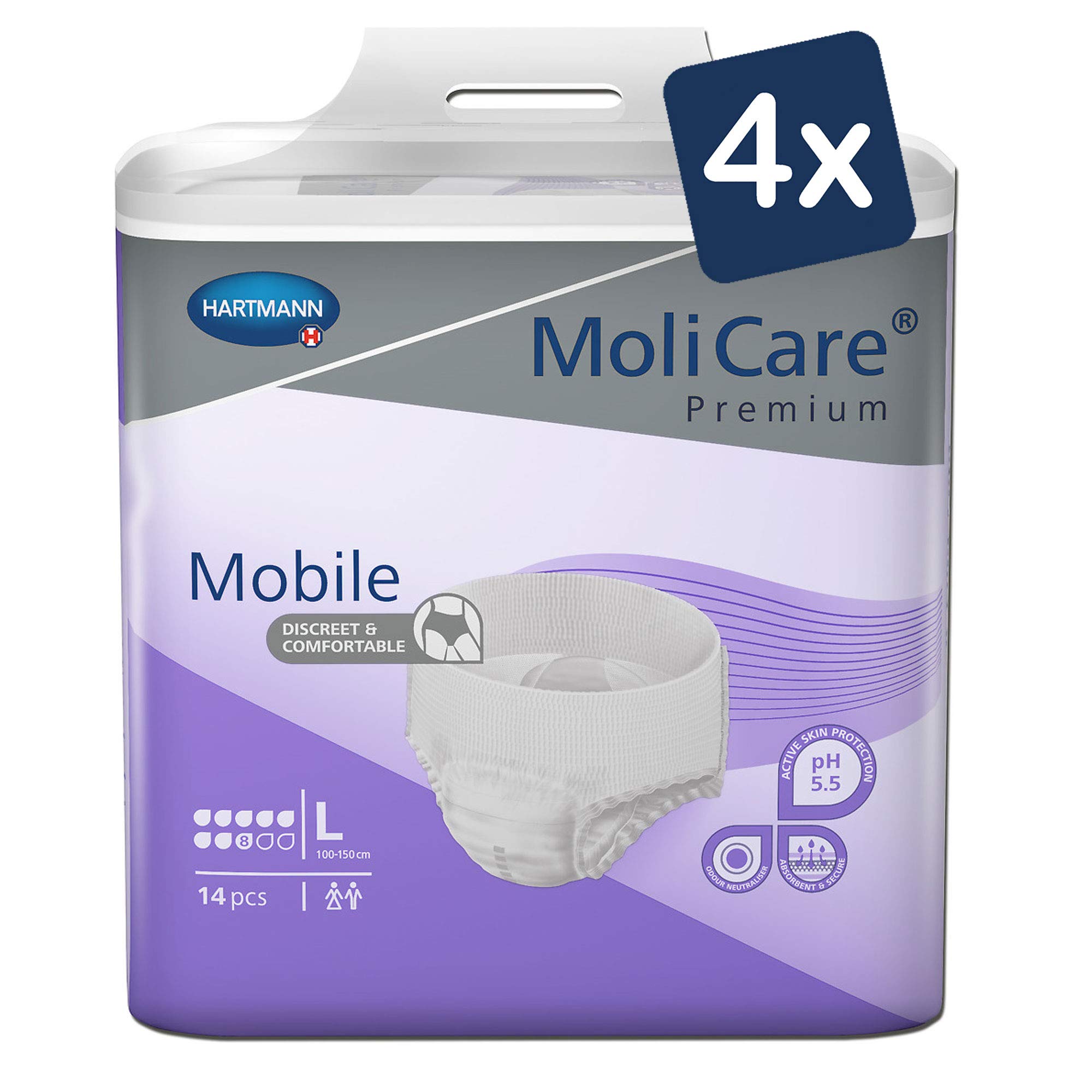 MoliCare Premium Mobile Einweghose: Diskrete Anwendung bei Inkontinenz für Frauen und Männer; 8 Tropfen, Gr. L (100-150 cm Hüftumfang), 4x14 Stück