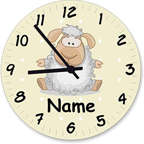 Shirtinstyle Wanduhr Kinderzimmer Wanduhr Schaf mit Wunschnamen Geschenk Uhr Kinder Handmade, 29cm, Pastellbgelb