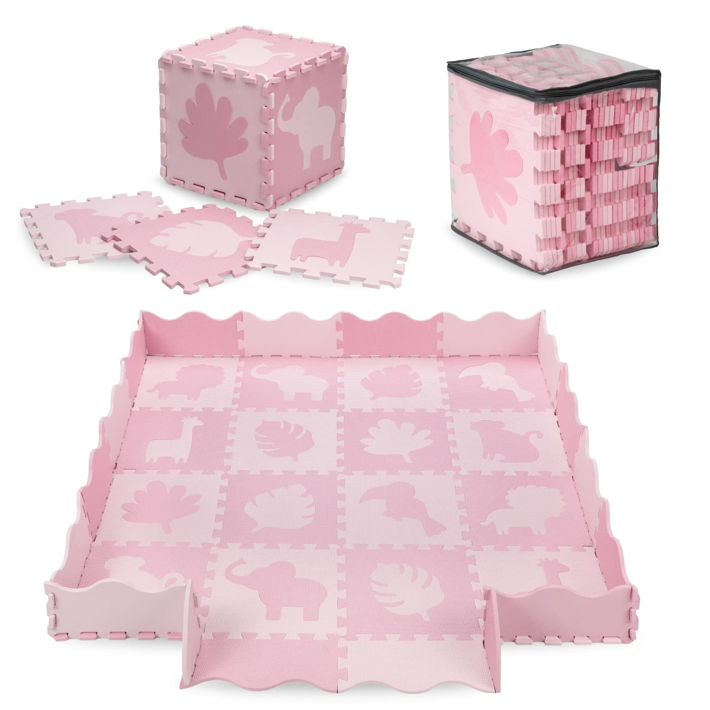 MoMi ZAWI Schaumstoff-Puzzle aus Eva-Schaumstoff, 16 Teile je 30 x 30 x 1 cm, ideal als Krabbelmatte (150x150 cm), Laufstall (120x 120x15 cm), Spielunterlage, Spielzeugaufbewahrung, rosa