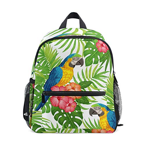 Linomo Rucksack mit tropischen Papageien und Blättern für Kinder, Tagesrucksack, Büchertasche, Kindergarten, Schultertasche für Jungen und Mädchen