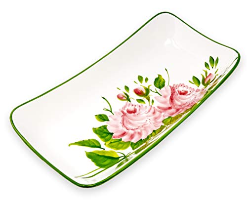 Lashuma Flache Dessertschüssel 33x17 cm, Italienischer Keramikteller, Rechteckige Obstplatte Handgefertigt Muster: Rose