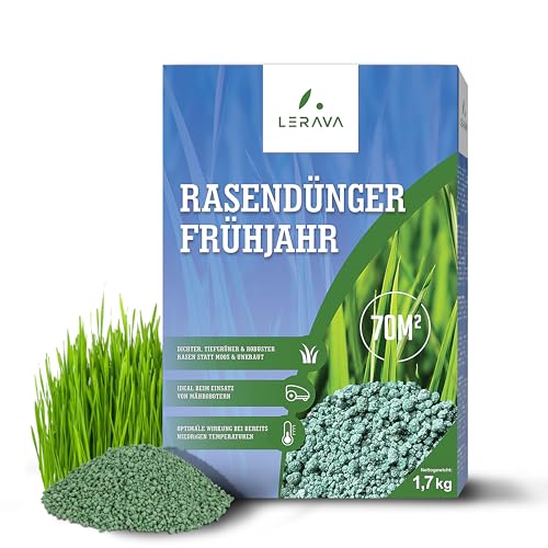 LERAVA Rasendünger Frühjahr - Langzeitdünger - dichter, tiefgrüner & robuster Rasen statt Moos & Unkraut - Ideal beim Einsatz von Mährobotern - 150m²
