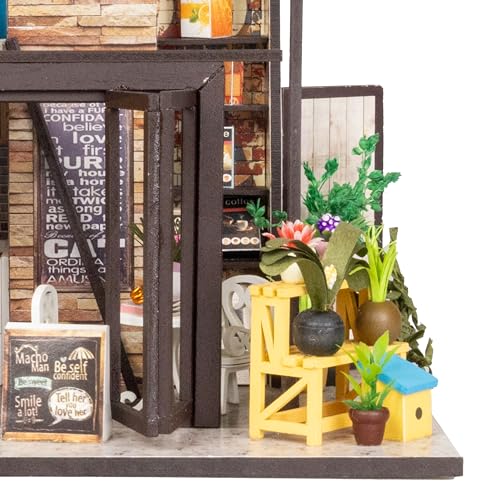 Crafts&Co® DIY Miniature Haus mit Möbeln | DIY Puppenhaus Erwachsene | Hölzernes Puppenhaus-Kit | Holz Mini Haus Modell mit Licht | 1:18 | Kaffee Café