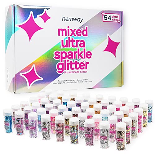 Hemway Mixed Chunky Glitter - 54 x 6g (0.21oz) Ultra Sparkle Glitter Shaker Set, Mehrzweck-Glittermischungen in verschiedenen Farben für Make-up, Nägel, Augen, Gesicht, Haut, Körper, Haare, Festivals