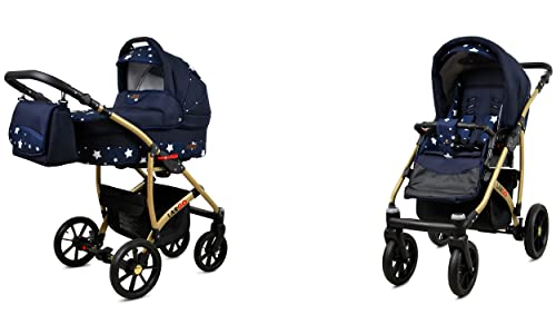 BabyLux Largo 2-in-1 Baby Kinderwagen Tief und Kinderwagen mit Zubehör Verstellbar und faltbar Aluminiumkonstruktion Wasserdicht Nicht abnehmbare Räder Navy Blue Star Gold Frame