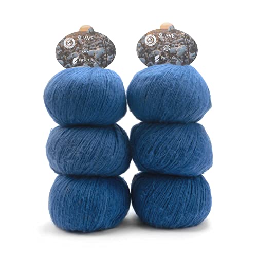 6 Knäuel Pascuali Suave naturbelassen. Strickwolle aus 100% Baumwolle zum Stricken und Häkeln, Farbe:Blau 78