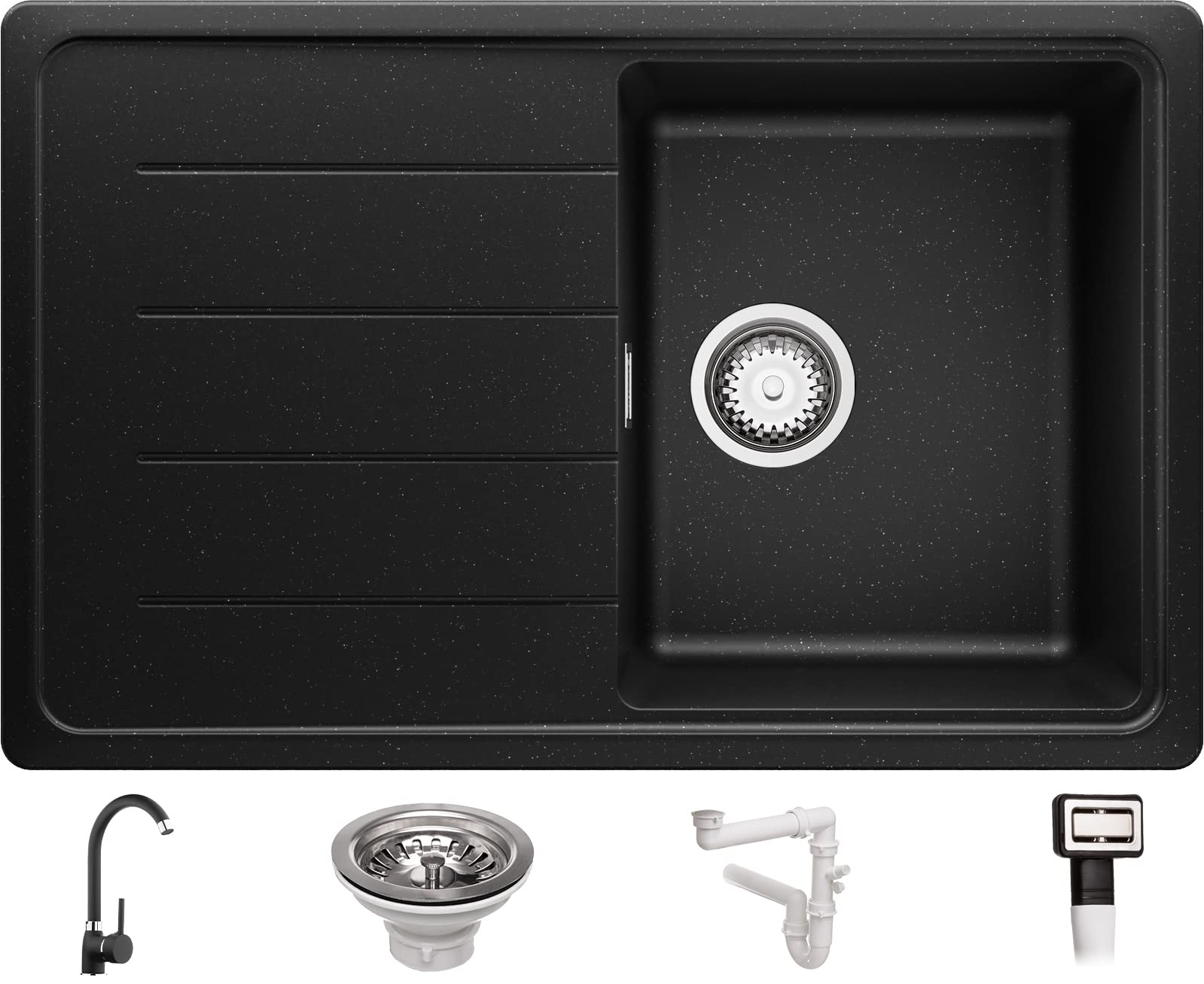 Spülbecken Schwarz Metallic 78x50 cm, Granitspüle + Ablauf-Set + Küchenarmatur 5000, Küchenspüle für 45er Unterschrank, Einbauspüle von Primagran