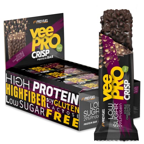 Protein Riegel Vegan DOUBLE CHOCOLATE BROWNIE 12x veePRO CRISP Protein Bar - unglaublich lecker & cremig - 29% Protein pro Riegel - High Fiber, Low Sugar (zuckerarm), 100% sojafrei & glutenfrei 12x70g
