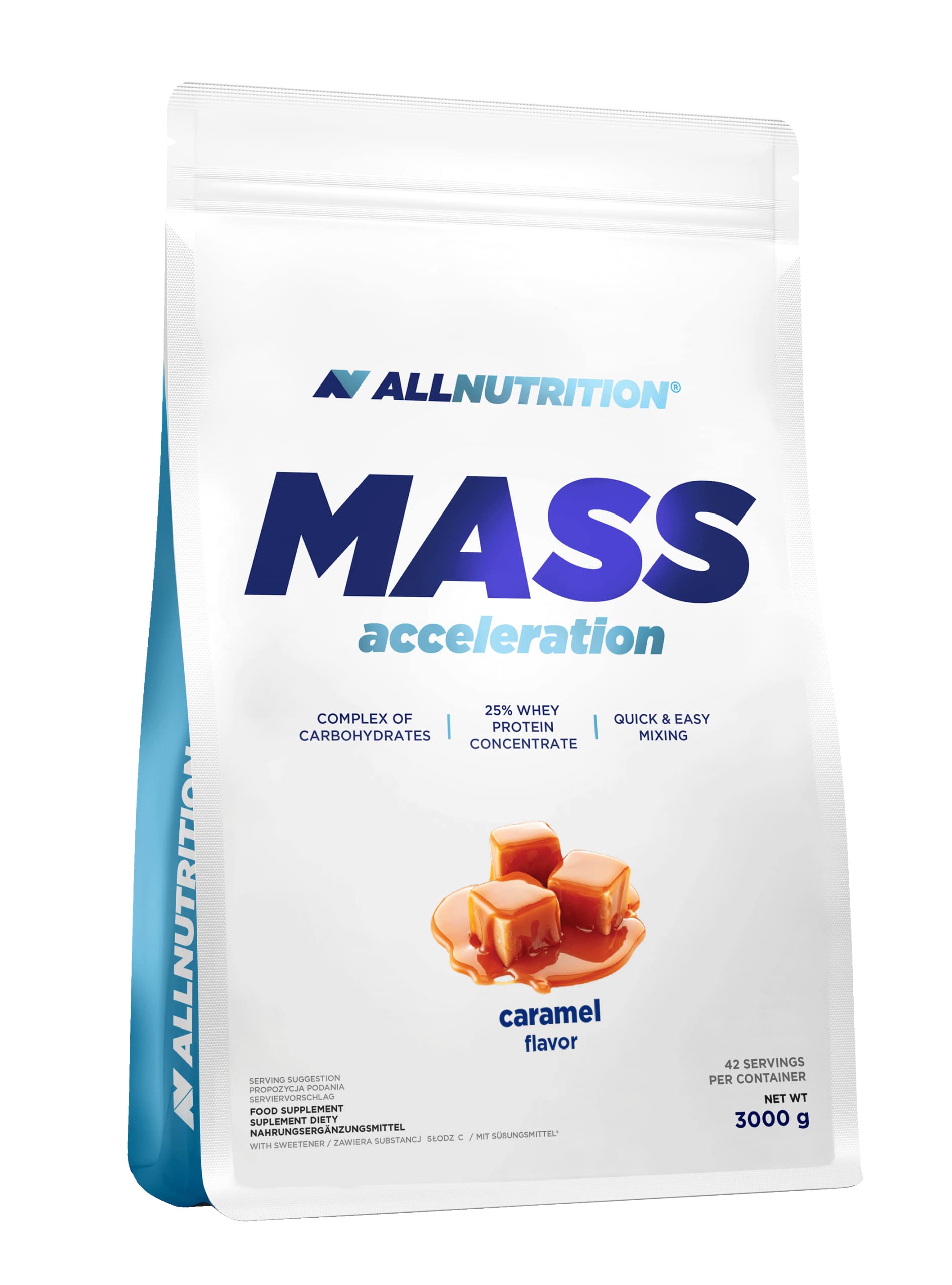 ALLNUTRITION Mass Acceleration Gainer Nahrungsergänzungsmittel - Kohlenhydrat- und Tierisches Protein Pulver für Muskelaufbau & Leistungssteigerung - Glutenfrei - 3000g - Caramel