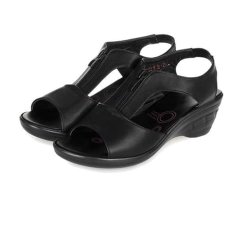 NEOFEN Damen-Sandalen mit Keilabsatz: Sommer-Knöchelriemen mit offenem Zehenbereich – elegante Sandalen für Damen – bequeme niedrige Sandale zum Gehen (Color : Black, Size : 38 EU)