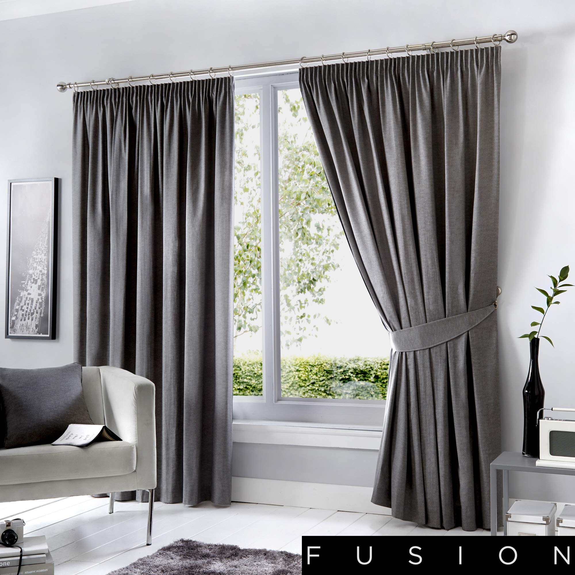 Fusion Home Furnishings Dijon Paar Bleistift-Faltenvorhänge, Polyester, Anthrazit, 117 x 229cm