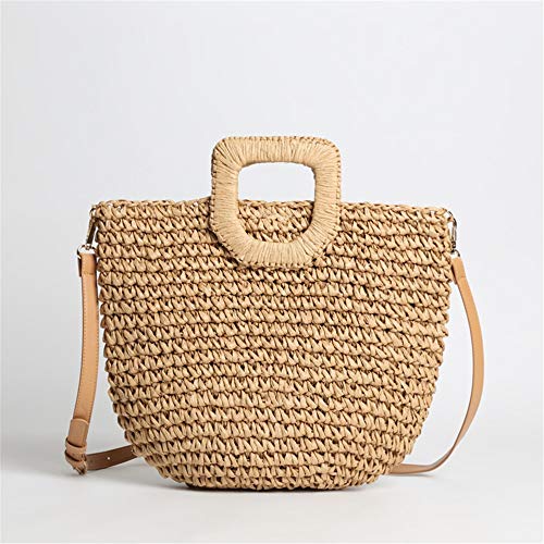 ChengBeautiful Strohsäcke Hand-Woven-Stroh-Beutel Damen One-Schulter-Wannen-Beutel Polyester Futter Texture (Farbe : Khaki, Size : 24x36x18cm)