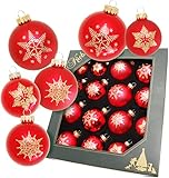 Krebs Glas Lauscha - Weihnachtsdekoration/Christbaumschmuck aus Glas - Weihnachtskugeln - Motiv: Rot mit Schneeflocke - 16 Stück - Größe: 6 mal 5cm - 6 mal 6cm - 4 mal 7cm