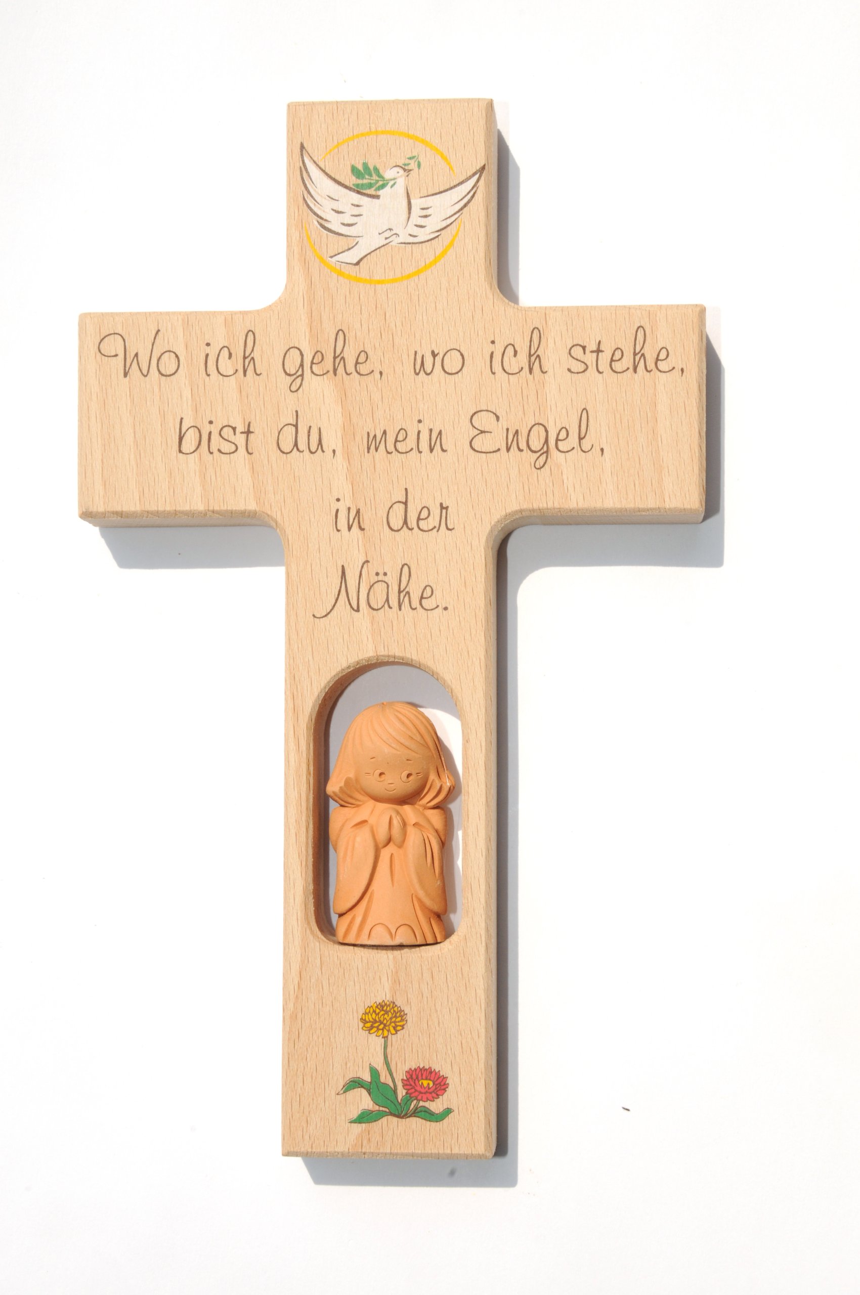 Kinderkreuz Buchenholz Taube mit handgearbeitetem Tonengel