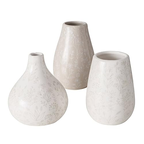 Deko Vase im 3er Set Florales Design Weiß und Hellbraun aus Keramik Tischdeko Glänzende Oberfläche Höhe 13 cm Ø 10 cm