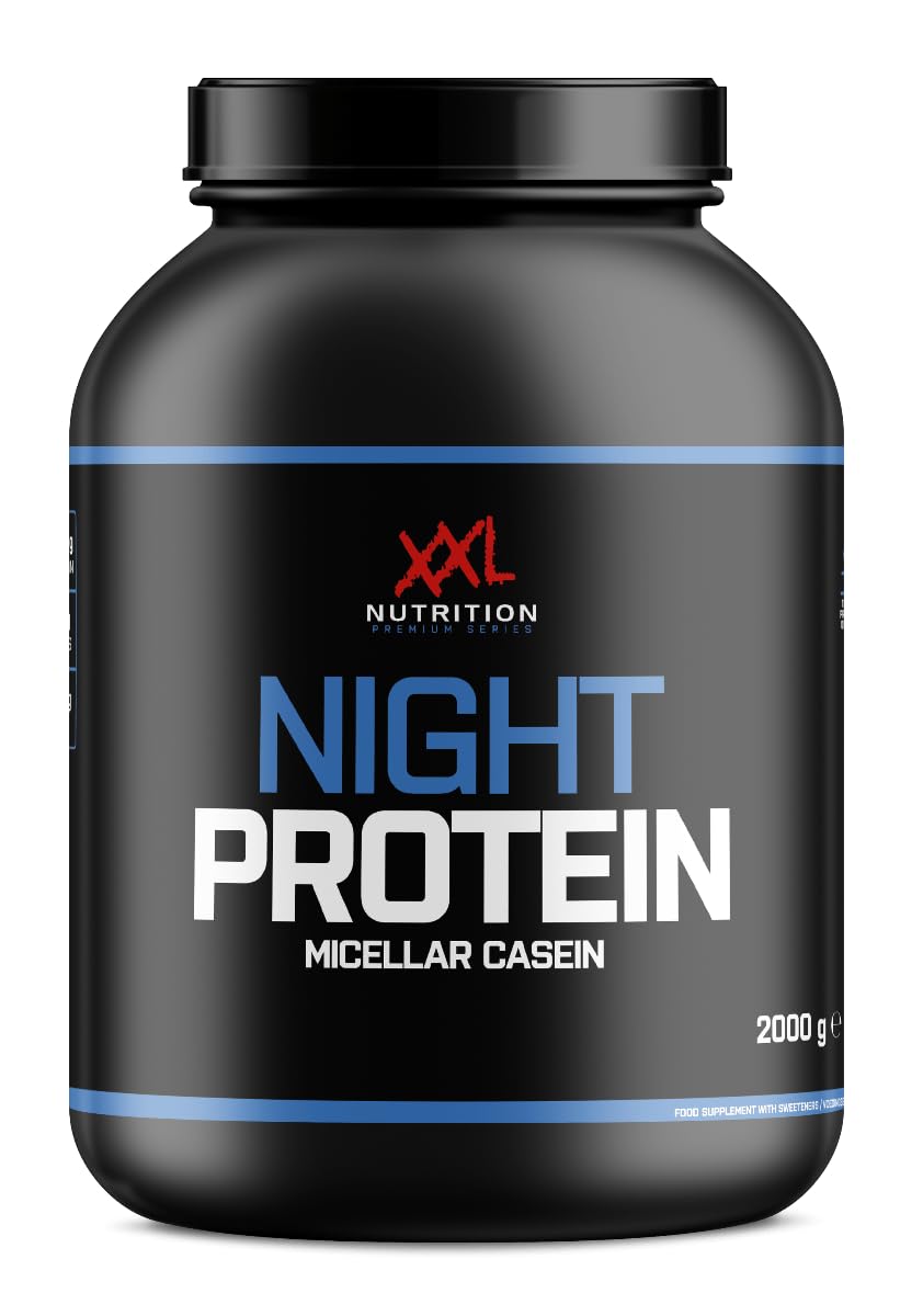 XXL Nutrition - Night Protein - 100% Micellar-Casein Protein Pulver, 87,2% Proteingehalt, Eiweißabgabe über 8 Stunden, Hochwertiges Kasein - 2000 Gramm - Schokolade - Haselnuss