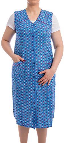 Tobeni Damen Kittelschürze Knopf-Kittel lang in 100% Baumwolle ohne Arm mit Taschen Farbe Design 11 Grösse 48