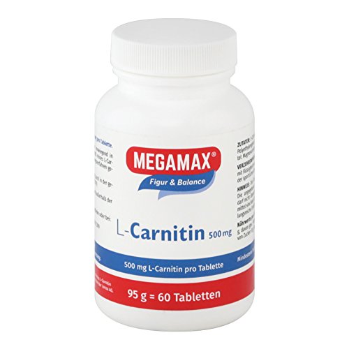 Megamax L-Carnitin 500 mg (l-carnitine, carnipure). Körpereigenes L-Carnitin unterstützt die Energiefreisetzung im Fettstoffwechsel. Inhalt: 60 Tabletten à 500 mg