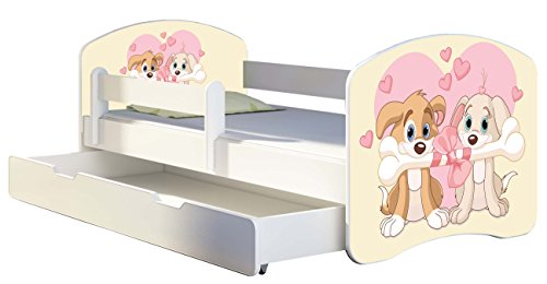 Kinderbett Jugendbett mit einer Schublade und Matratze Weiß ACMA II 140 160 180 40 Design (140x70 cm + Bettkasten, 12 Welpen)