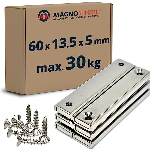 6 Stück - Magnetleiste starker Magnethalter 60 x 13,5 x 5mm, Neodym Magnet extra stark mit Senkbohrung, starker Halt, für Büro, Haushalt oder Werkstatt - hält 30 kg