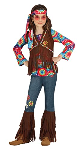 FIESTAS GUIRCA Happy Hippie Mädchen Kostüm – 70er Jahre Outfit mit Hippie–Stirnband, buntem Batik Oberteil, Weste und Hose für Mädchen von 7-9 Jahren