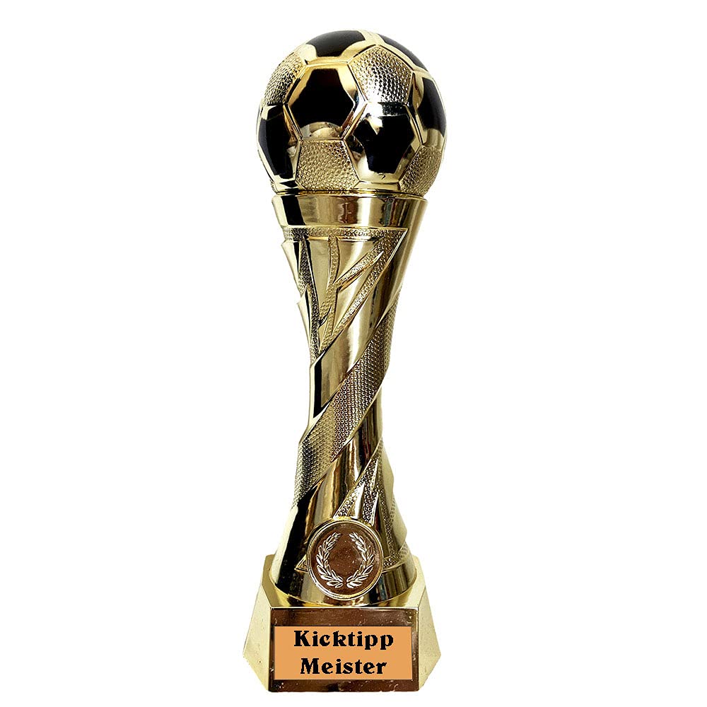 Larius Group Fußball Pokal mit Wunschgravur Extra Groß (245mm, 460gr.) - Trophäe Ehrenpreis Goldener Schuh Ball - Torschützenkönig (Text: Kicktipp Meister)