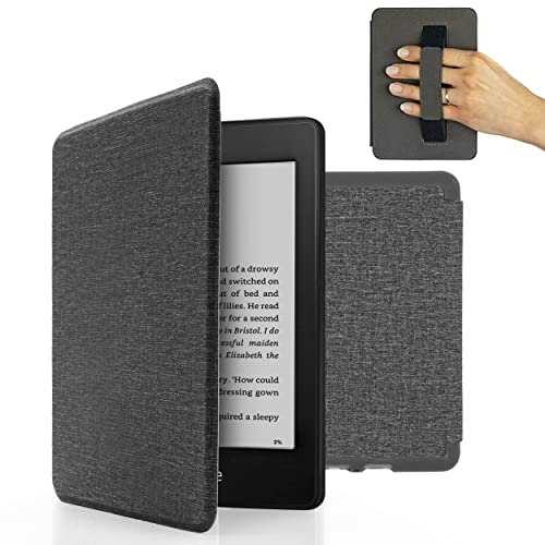 MyGadget Nylon Hülle für Amazon Kindle Paperwhite 2018 10. Generation - Handschlaufe & Schlaf Funktion magnetische Flip Case - Hellgrau