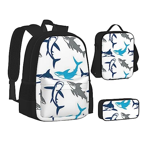 TOMPPY Sharks bedruckte Büchertasche mit Lunchtasche und Federmäppchen für Elementarität, 3-teiliges Rucksack-Set, Schwarz , Einheitsgröße, Schulranzen-Set