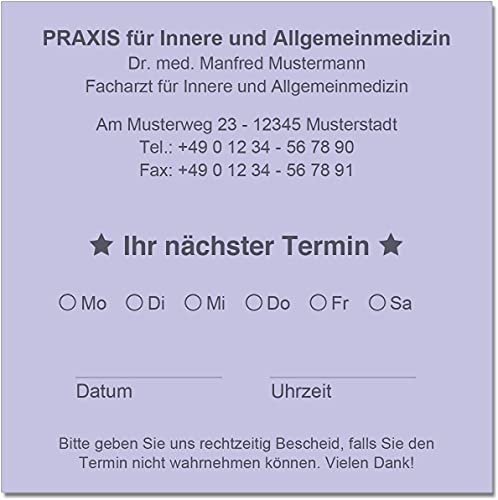 500 Terminzettel Terminkarten nächster Termin mit Ihrer Adresse personalisiert in praktischer Zettelbox mit Stiftehalter 10 x 10 cm (violett)