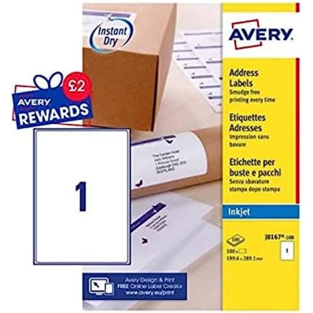 Avery Adressetiketten für Tintenstrahldrucker schnell trocknend 1 Stück pro Blatt 199,6 x 289,1 mm 100 Etiketten weiß