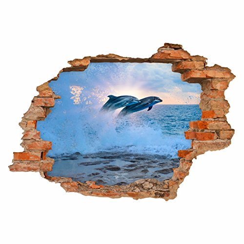 nikima - 034 Wandtattoo Delfine - Loch in der Wand Meer - Kinderzimmer Wohnzimmer - in 6 Größen - Sticker Aufkleber Wanddeko Wandbild Junge Mädchen Größe 750 x 520 mm