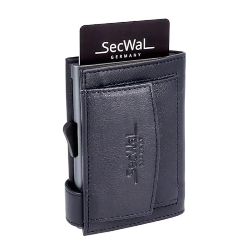 SecWal Kreditkartenetui mit Münzfach Druckknopf - Echtleder Mini Geldbörse inkl. E-Book für Damen und Herren - RFID Schutz (Blau)