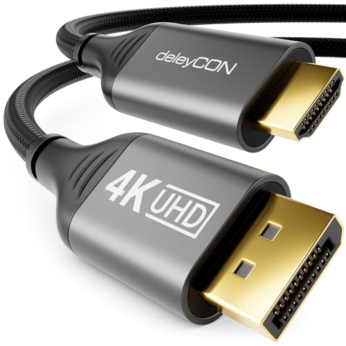 deleyCON 2m 4K DisplayPort 1.4 auf HDMI 2.0 Kabel mit Aluminium Stecker 4K@60Hz DP HDMI Anschlusskabel - Kompatibel mit AMD NVIDIA PC Computer Monitor Beamer Projektor