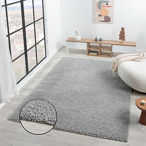 VIMODA Prime Shaggy Teppich Grau Hochflor Langflor Teppiche Modern für Wohnzimmer Schlafzimmer Einfarbig, Maße:140x200 cm
