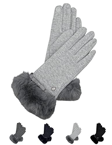 AKAROA ESTD 2019 Damen Handschuhe Liz, Touchscreen Handschuhe, extra weiches Teddyfutter, elastisches Jerseymaterial, Kunstfellstulpe, 100% vegan, hellgrau melange, S/M