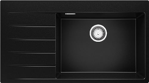 Spülbecken Schwarz 90x50 cm, Granitspüle 1 Becken + Ablauf-Set, Küchenspüle ab 60er Unterschrank, Einbauspüle von Primagran