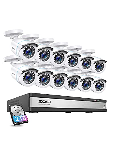 ZOSI 1080P HD Aussen Überwachungssystem, 16CH DVR mit 12x 2MP Sicherheitskamera 2TB Festplatte, Bewegungserkennung, intelligente Alarme, IP66 Wasserdicht, Weiß
