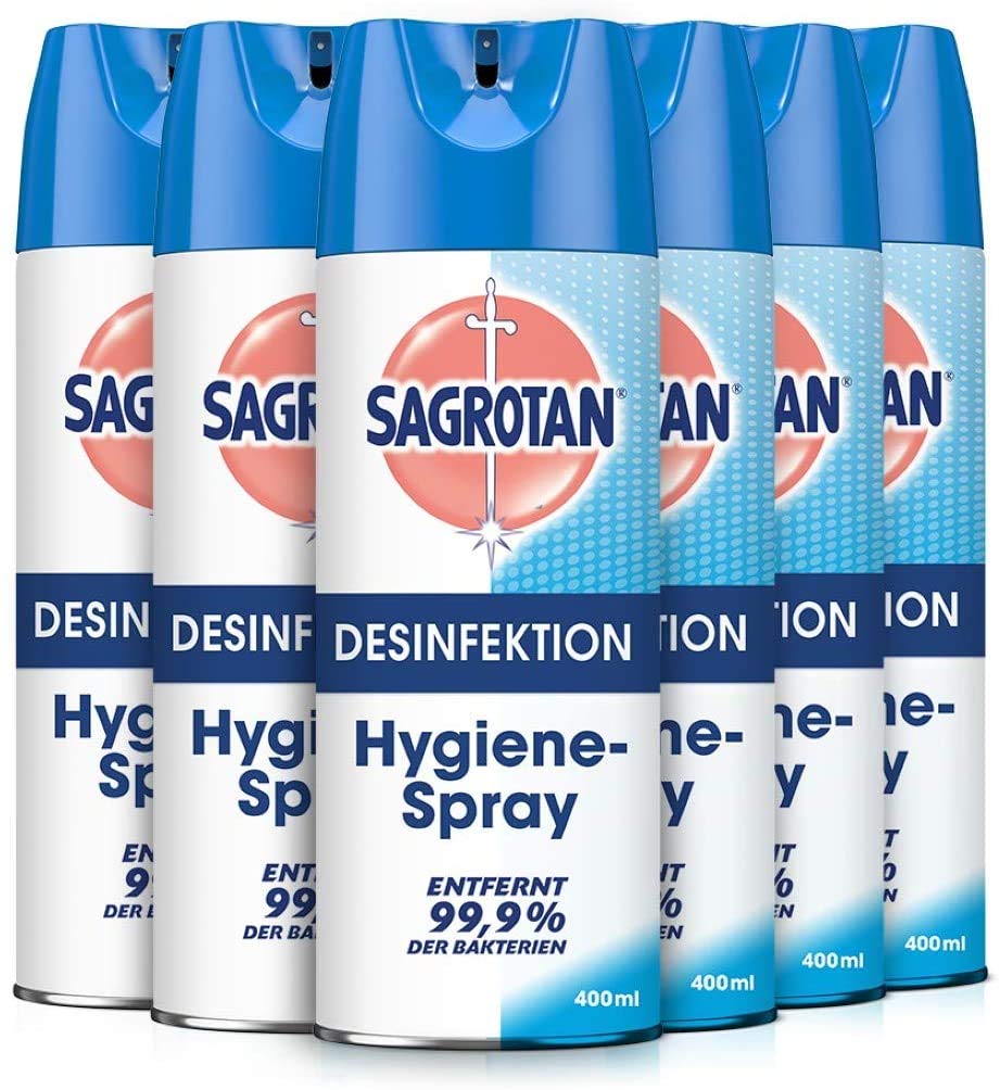 Sagrotan Hygiene-Spray (Aerosol) Desinfektionsspray (für Textilien und Oberflächen im Haushalt, Sprühflasche im praktischen Vorteilspack) 6 x 400 ml
