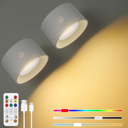 Comius Sharp LED Wandleuchte 2 Stück, RGB Wandlampe ohne stromanschluss mit 3 Helligkeitsstufen und 16 Farbe, 360° Drehbarer Wandleuchte Akku für Wohnzimmer Schlafzimmer Flur Kabellose Wandleuchten