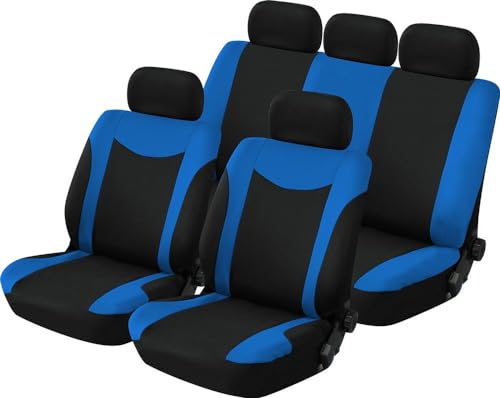 Komplettset Sitzbezüge und Kopfstütze Uranus - Schwarz und Blau - für alle Autos, auch für Sitze mit Armlehnen