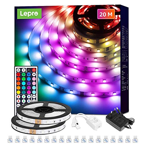 Lepro LED Strip 20M(2x10M) RGB Set, 5050 SMD 600 LEDs Streifen, 12V, LED Band Selbstklebend, Flexibel LED Lichtband, LED Lichterkette IP20, LED Leiste Kette Dimmbar, Netzteil und Controller enthalten
