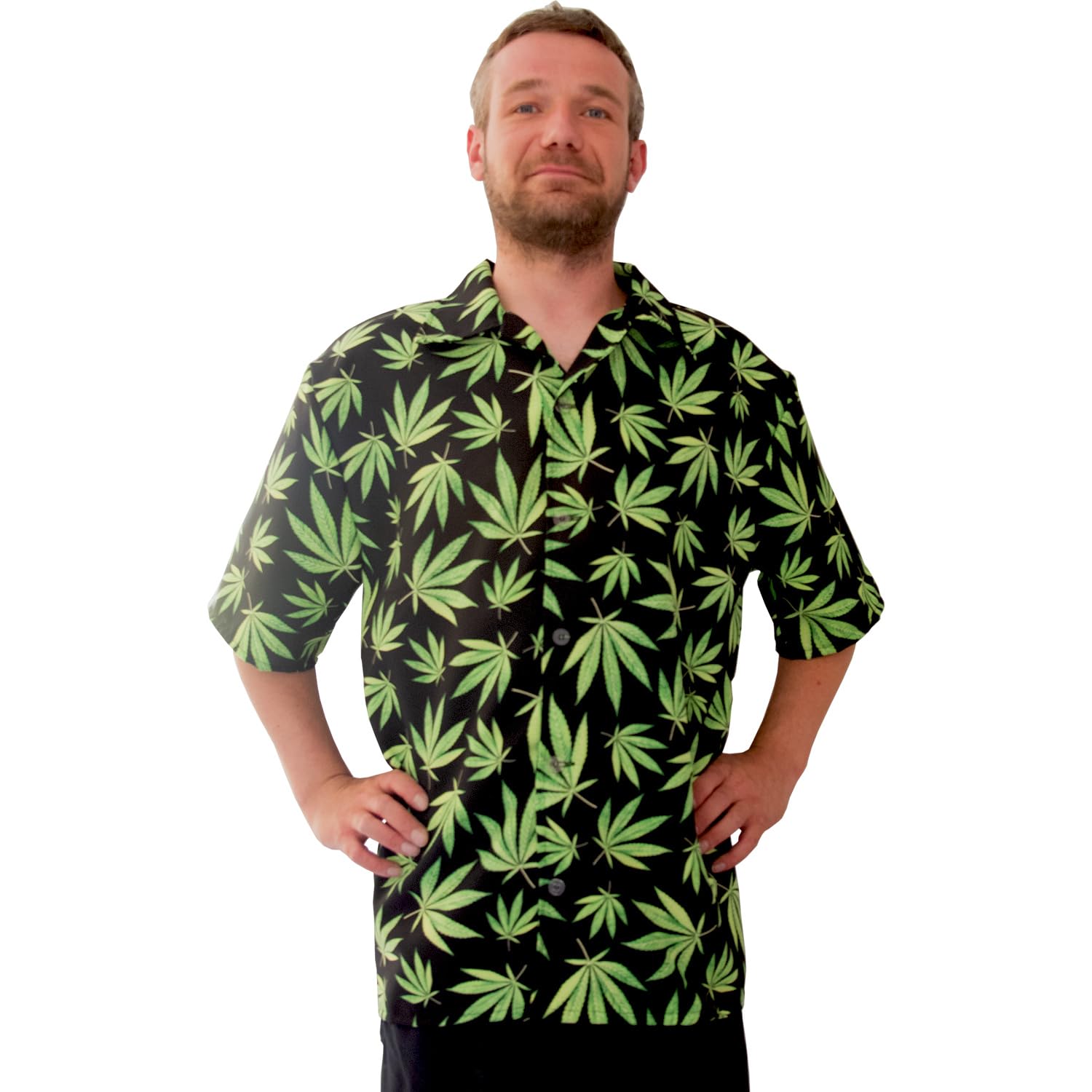 Krause & Sohn Hawaii Hemd schwarz mit Hanfblätter-Motiv grün Mr. Cannabis für Herren Gr. 50-60 JGA Sommerhemd Freizeit Party-Outfit (as3, Numeric, Numeric_58, Numeric_60, Plus, extra_Tall)