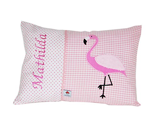 Glückspilz Namenskissen Babykissen I Flamingo I Kissen mit Namen personalisiert I Geschenk zu Geburt, Taufe, Geburtstag I pink auf rosa (25 x 35 cm)
