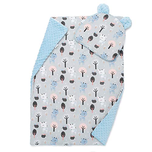 EliMeli Baby-Set BABYDECKE mit Kissen Babybettwäsche Minky Decke mit Kopfkissen für Mädchen und Junge Kuscheldecke mit Kinderkissen für Kinderwagen oder Bett (75x100, Blau - Reh)